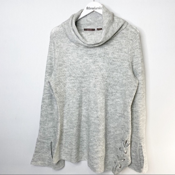 Heather b Ivory Textured Cowl Neck Long Split Sleeve Criss Cross Tunic S… - Picture 3 of 9